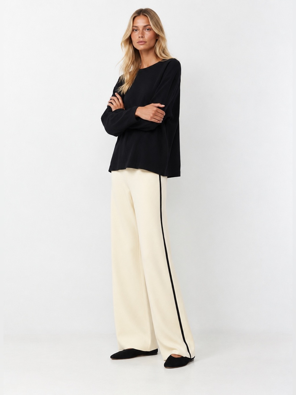 Aritzia Cream Wide-Leg Pants with Black Side Stripe